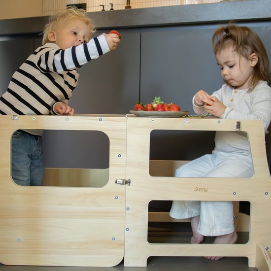 Tour d'apprentissage 2-en-1 Sunny Mae – Tour d'apprentissage et meuble de jeu en bois pour enfants – Transformable en petite table avec chaise – Avec tableau à craie – Accessoire de cuisine inspiré de la méthode Montessori – Jouet sûr et éducatif