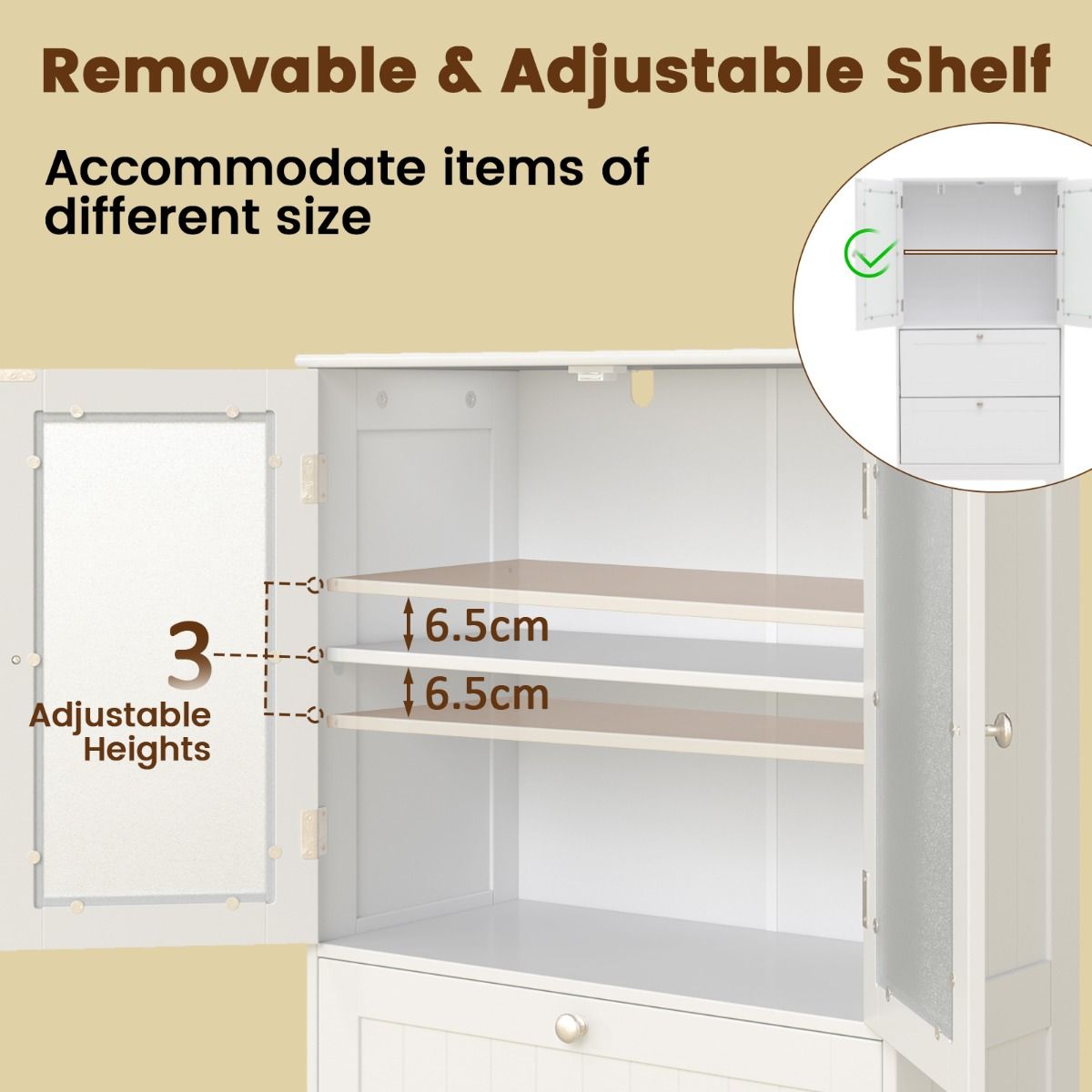 Coast Freestanding Bathroom Cabinet - 2 tiroirs et 2 portes en verre dépoli - étagère réglable - 60 x 30 x 108 cm - blanc