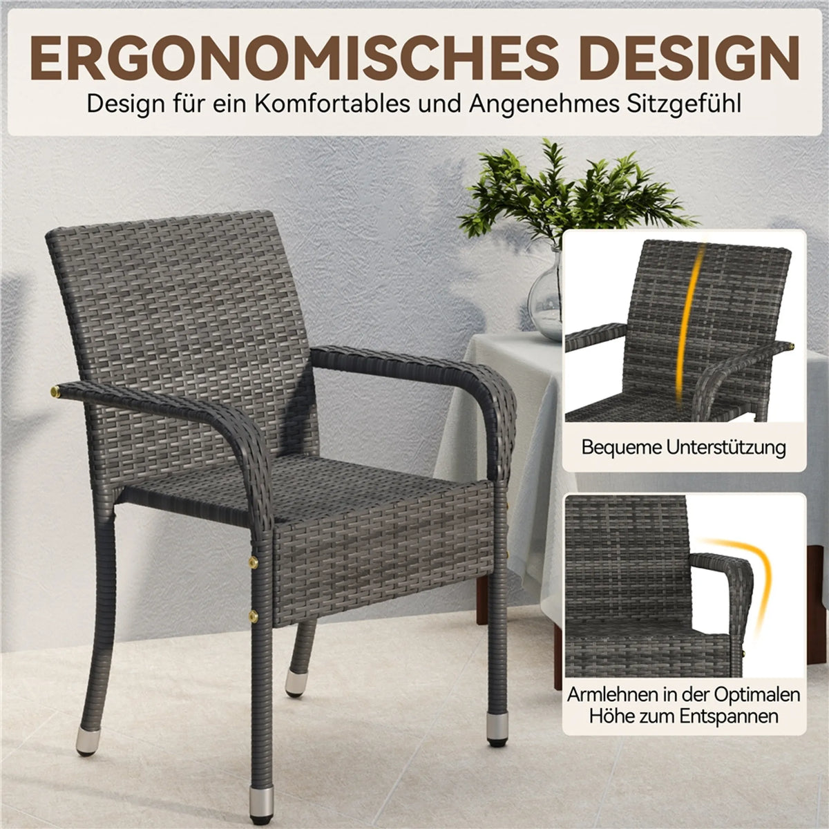 Yaheetech Lot de 2 chaises de jardin empilables en rotin PE 58 x 58 x 84 cm – Gris chaleureux – Rotin et métal