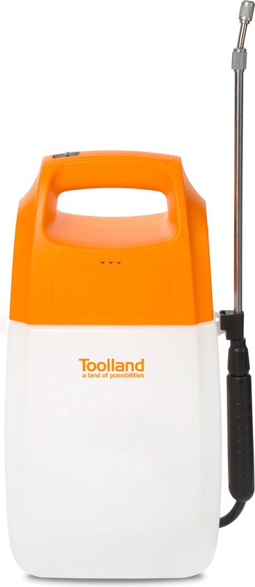 Pulvérisateur Toolland, électrique, batterie rechargeable, lance télescopique, buse réglable, sangle d'épaule, 6 litres, blanc/orange/noir