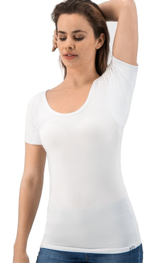 Anti Sweat Shirt - Fibershirts® - Coussinets d'aisselles cousus - Maillot de corps - Blanc - Col rond - Femmes - Taille S