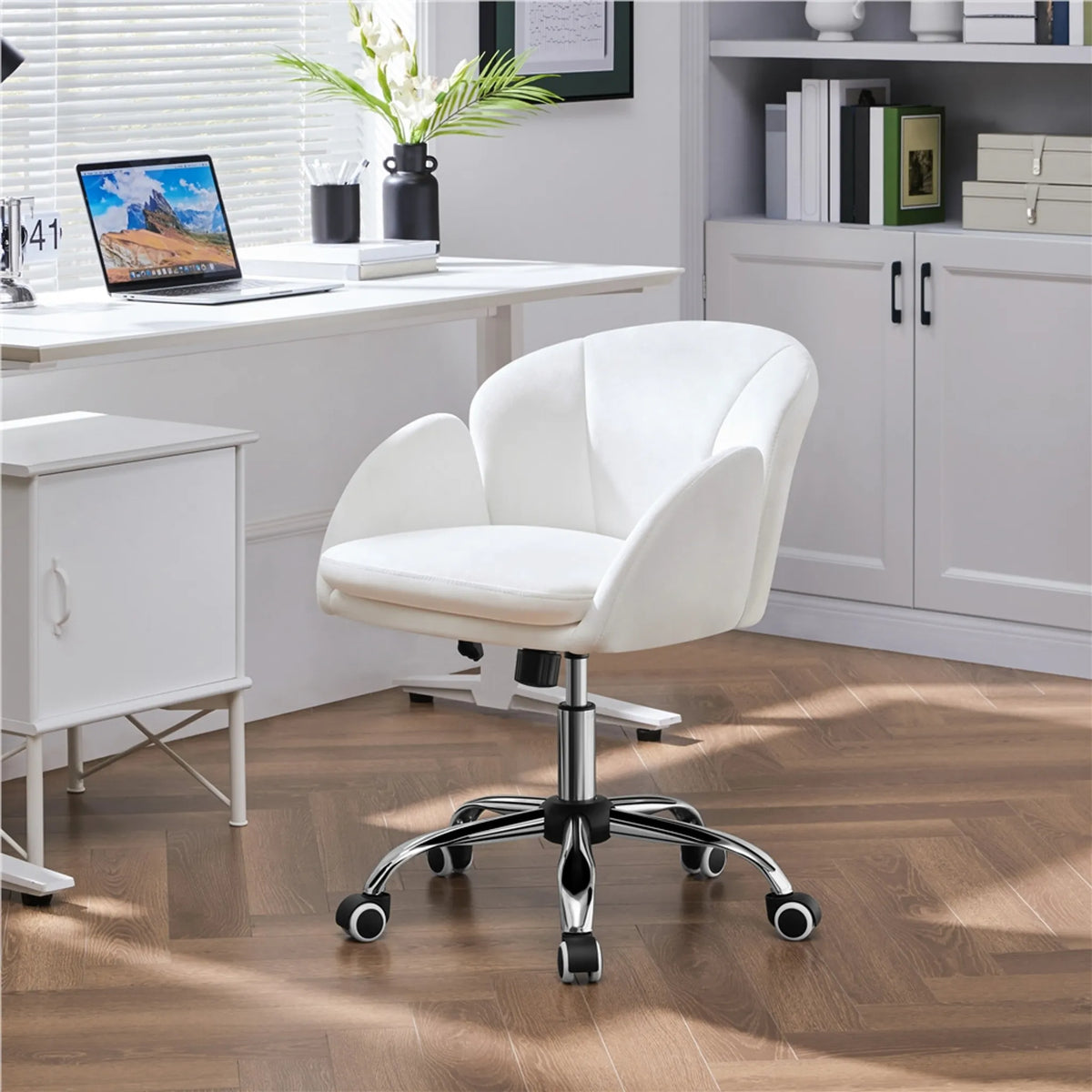 Yaheetech : élégante chaise de bureau avec motif floral, hauteur 72-81,5 cm – Blanc neige – Polyester et métal