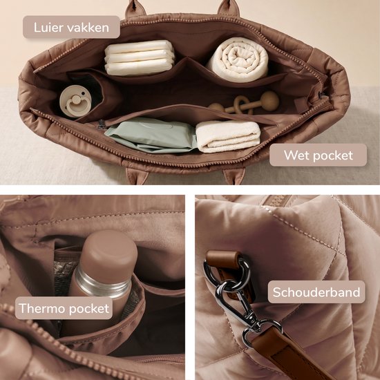 Sac à langer Mommsy – Sac à langer – Mom Bag – Compartiment isotherme – Tissu matelassé – Mommy Bag – Très spacieux – Hydrofuge – Organiseur – Léger – Marron