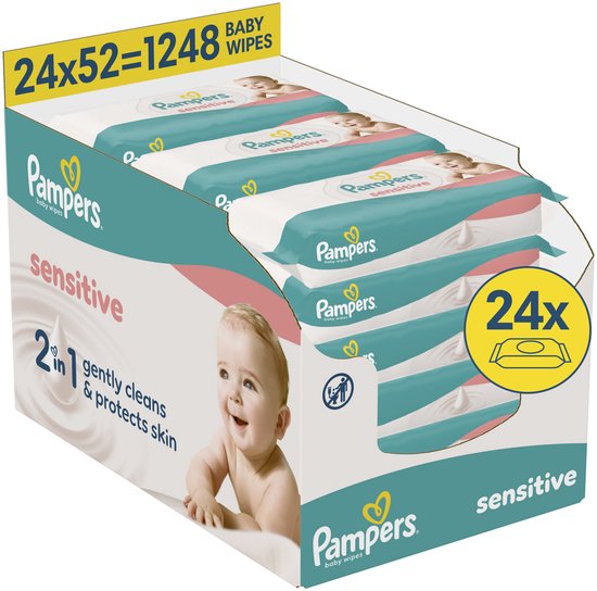 Lingettes Pampers Sensitive - 2 en 1 : Nettoyage en douceur et protection - 0 % de plastique dans les lingettes - 24 paquets de 52 lingettes = 1 248 lingettes pour bébé