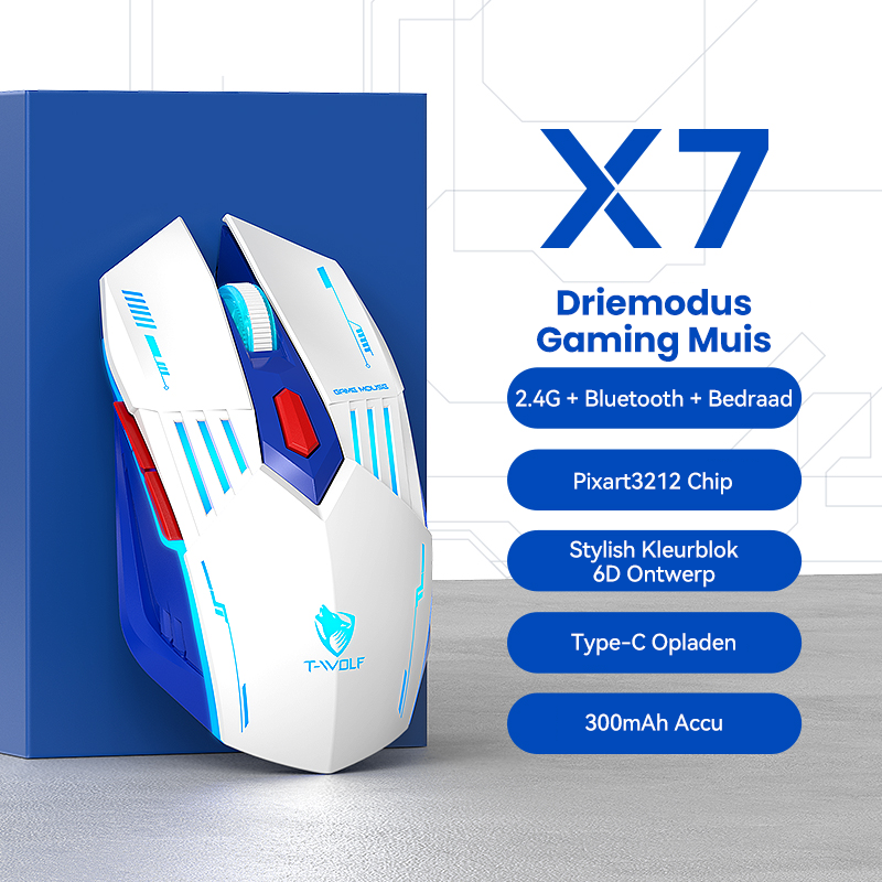 Souris gaming Rexsun Tri-Mode – Boutons 6D, 2,4 GHz + Bluetooth + filaire, DPI réglable de 800 à 3 600, recharge via Type-C, éclairage RGB pulsé, batterie de 300 mAh, blanc et bleu, X7