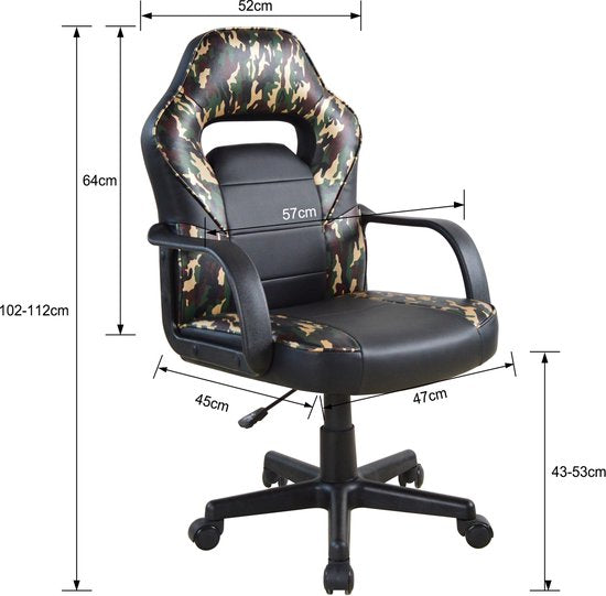 Chaise de jeu Thomas junior - chaise de bureau - réglable en hauteur - camouflage