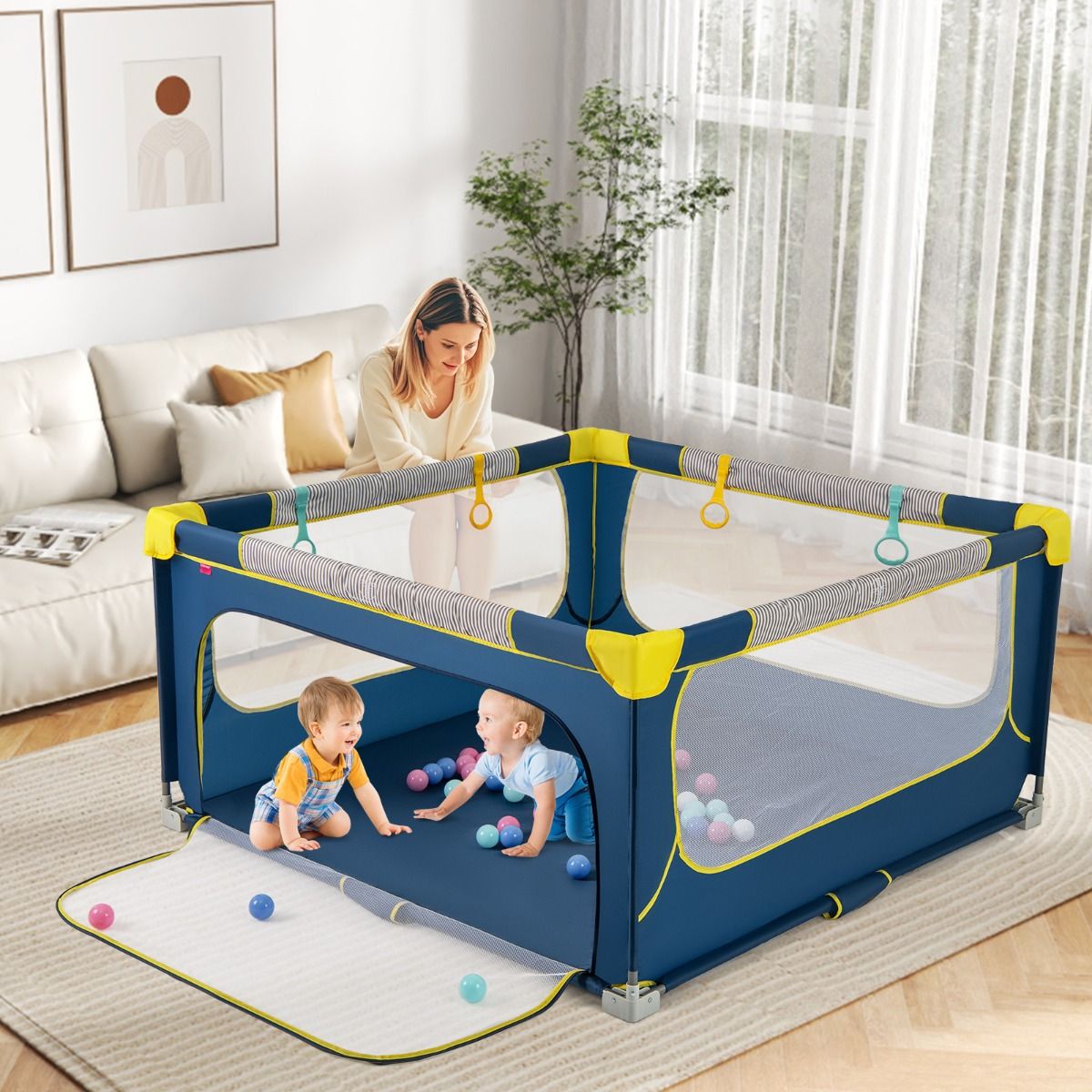 Parc pliable Coast pour bébé - Barrière de sécurité avec fermeture à glissière - 50 balles et 4 anneaux de suspension inclus - Gris 150 x 150 cm