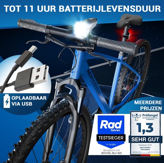 Kit d'éclairage pour vélo Nextcover - 80 lux - Rechargeable par USB - LightSense - StVZO - Noir