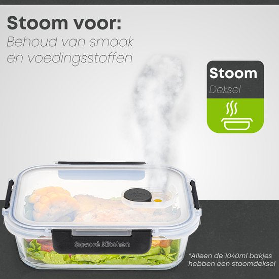 Savoré Kitchen Preserving Trays Set - with Steam Lid - Meal Prep Trays - Freezer Trays Glass - Airtight - 10 Pieces - 1040 & 380 ML