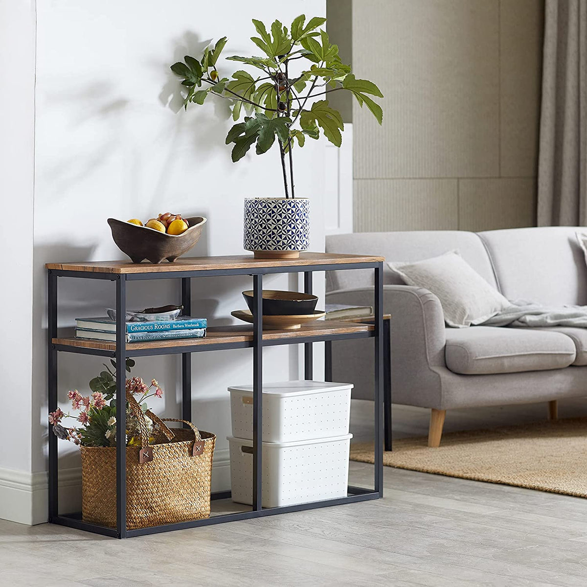 SoBuy - Table d'appoint avec 2 étagères de rangement - marron - 107x36x77 cm
