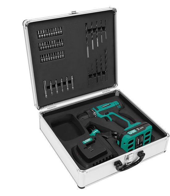 VONROC Perceuse sans fil 20V - 19 positions de vissage + position de perçage - Batterie 2.0Ah, chargeur rapide et 46 accessoires inclus dans une mallette de luxe