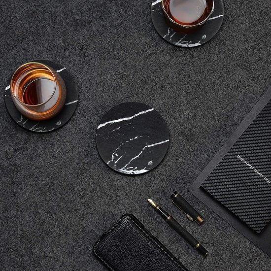 Castagnola Sous-verres en simili-cuir - Sous-verres pour verres - Sous-verres design avec support - Sous-verres en cuir - Cuir - Lot de 6 - Aspect marbré - Noir/Blanc
