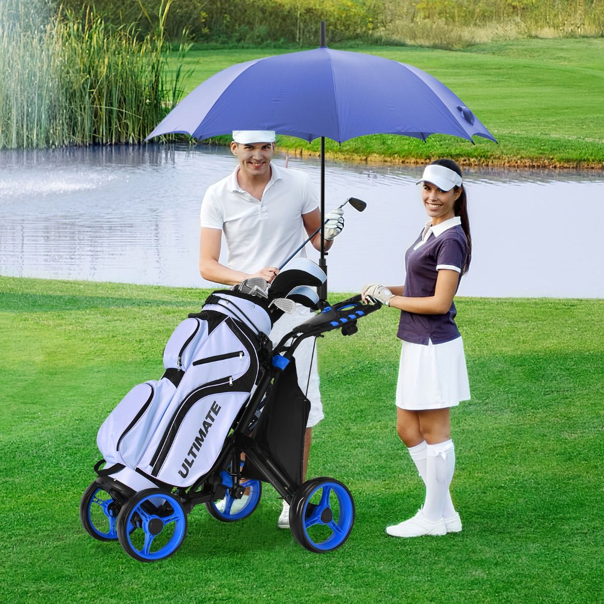 Chariot de golf Coast - 4 roues - pliable - aluminium - bleu