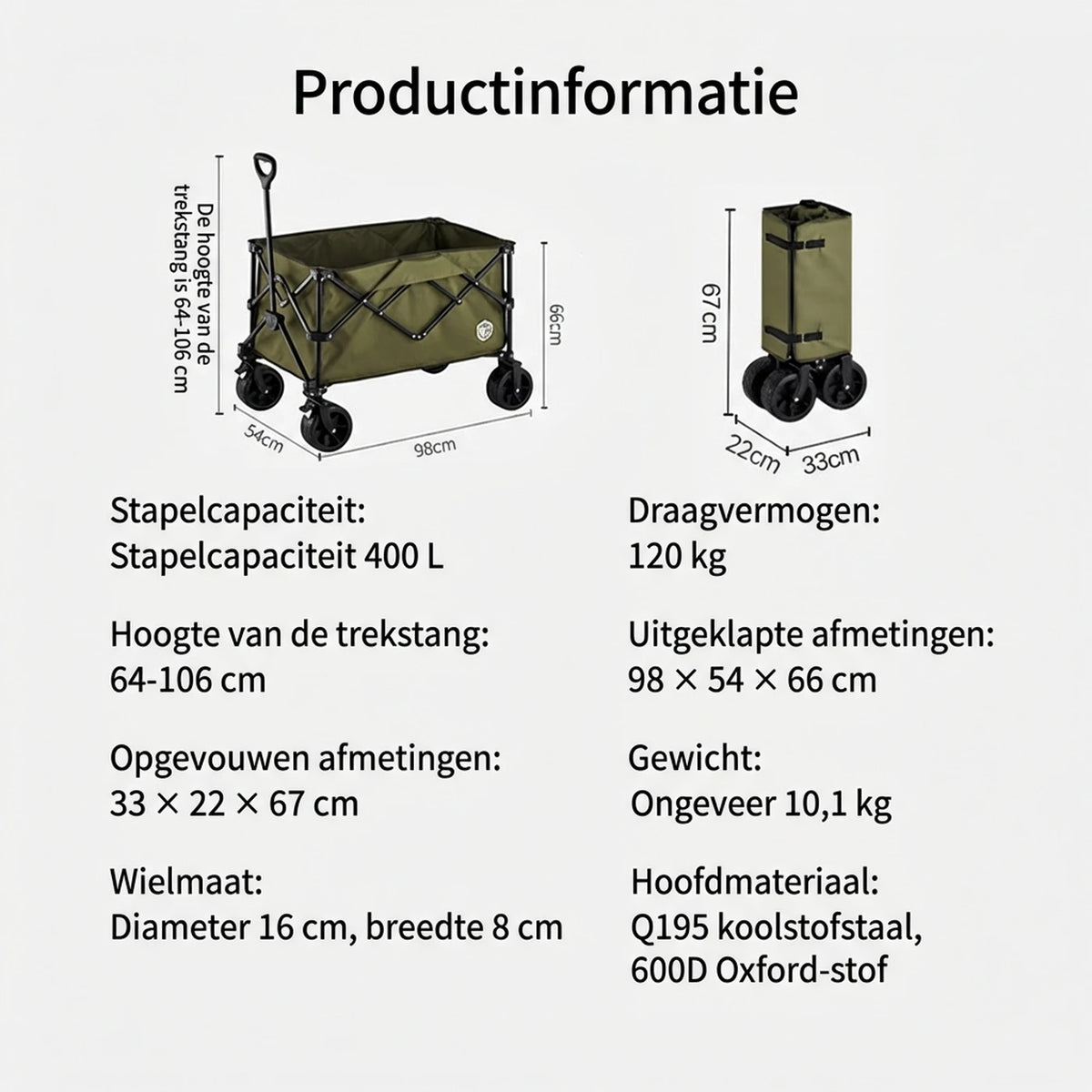 Chariot pliable Ochama - 200 litres - Roues tout-terrain avec double frein - Très grand format - Vert