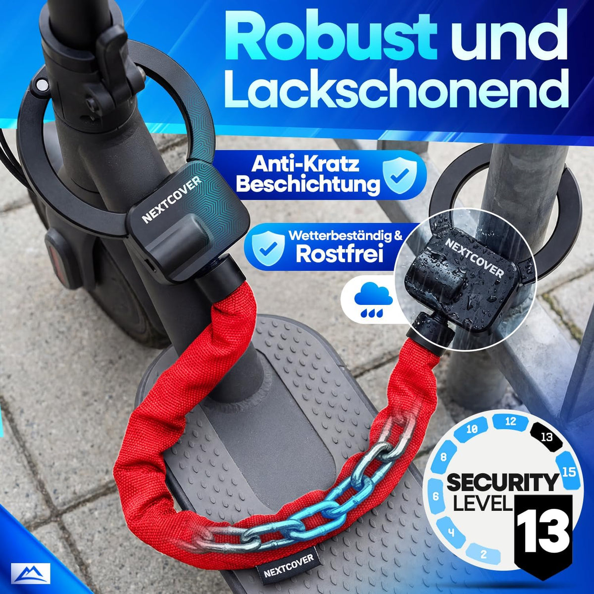 Nextcover Steel-Secure : antivol à chaîne pour trottinette électrique - Rouge - 25 x 13 x 13 cm - Antivol à clé pour vélo électrique et trottinette