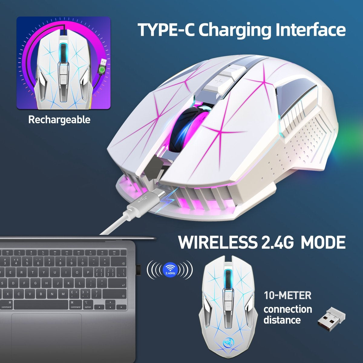HXSJ T300 2.4G Wireless Gaming Mouse - Souris d'ordinateur - Ultra légère - Compacte pour les voyages - Eclairage RGB - Blanc