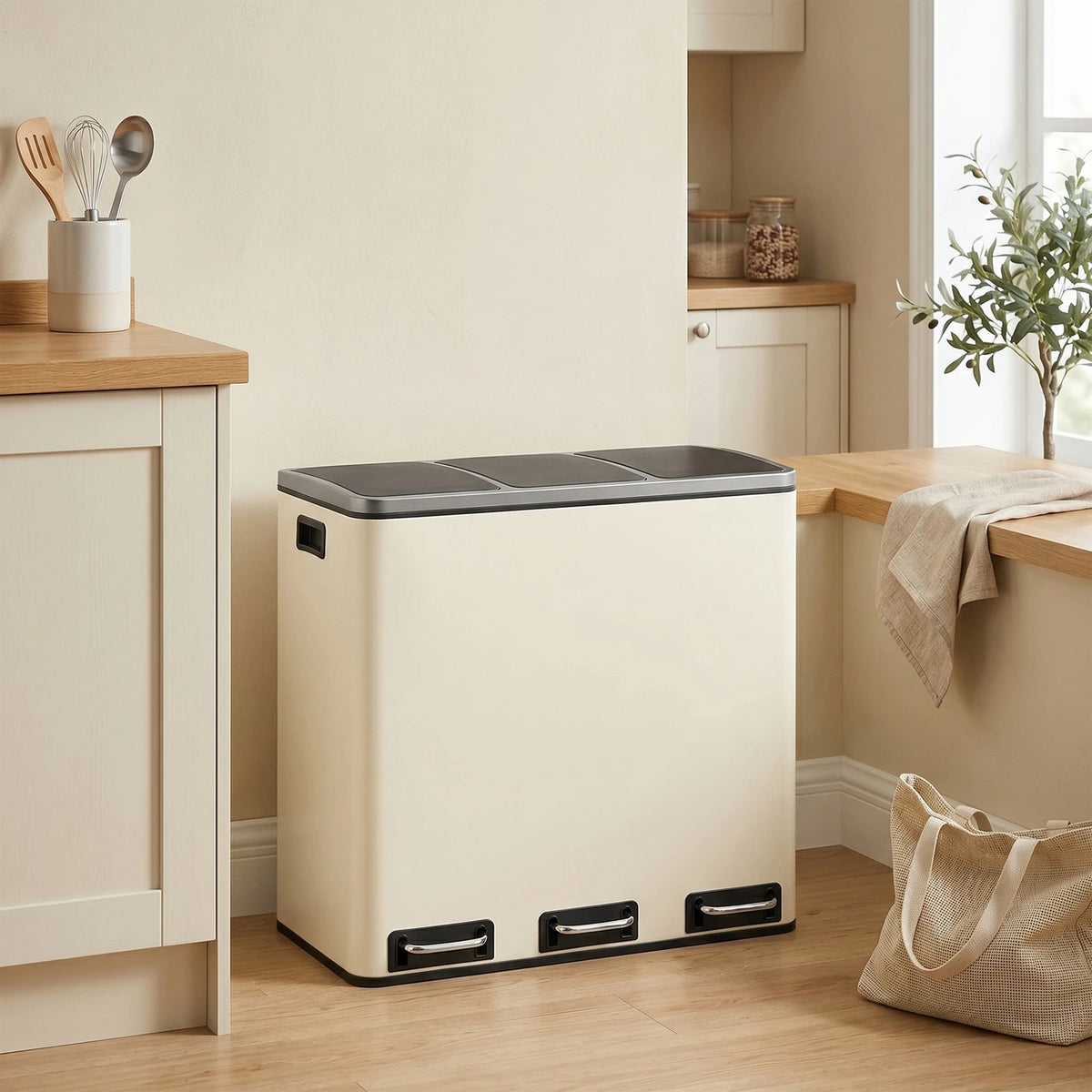 Poubelle Ochama Recycling - 3 x 18 L - À pédale - Acier inoxydable - 61 x 35,2 x 56,4 cm - Beige