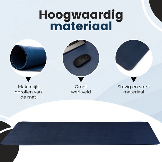 WURK Tapis de bureau professionnel en cuir synthétique - Organisateur de bureau - Tapis de bureau - Accessoires de bureau - Tapis de souris XXL- Inclut un clip de câble - 120x60 - Bleu