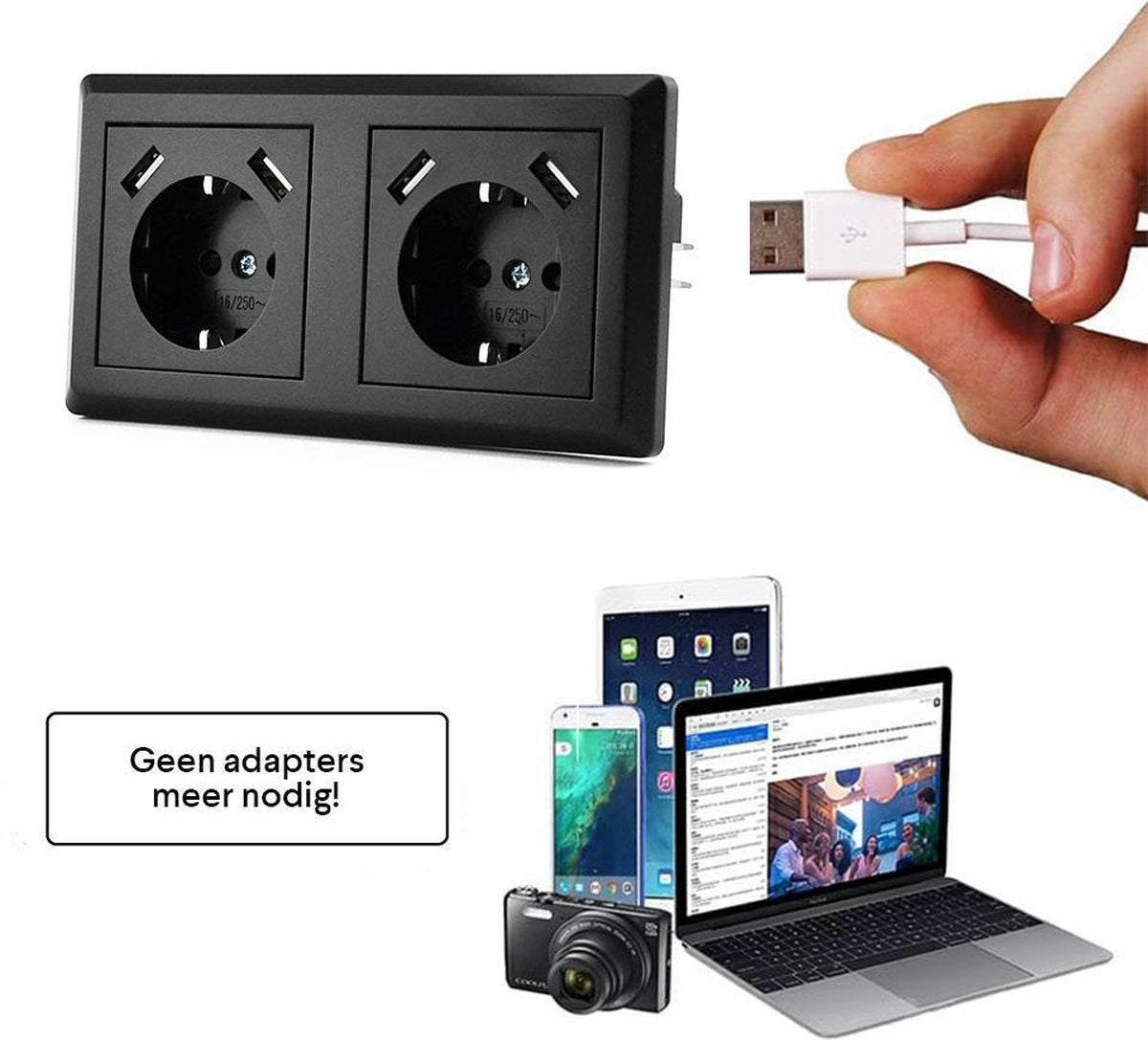 Homra Brock Double Prise USB Noire - Prise murale encastrée - Plastique brillant - Prise murale noire - Prise - 5.600mA - 220 volts - Chargeur USB - Chargement rapide - Chargement rapide - Mise à la terre - 80x80mm