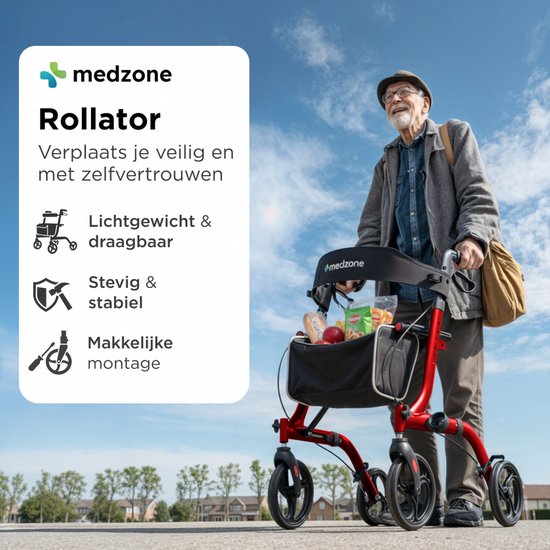 Déambulateur Medzone léger et pliable - Fonction assise - Intérieur et extérieur - Dossier et support de canne - Champagne - Rouge