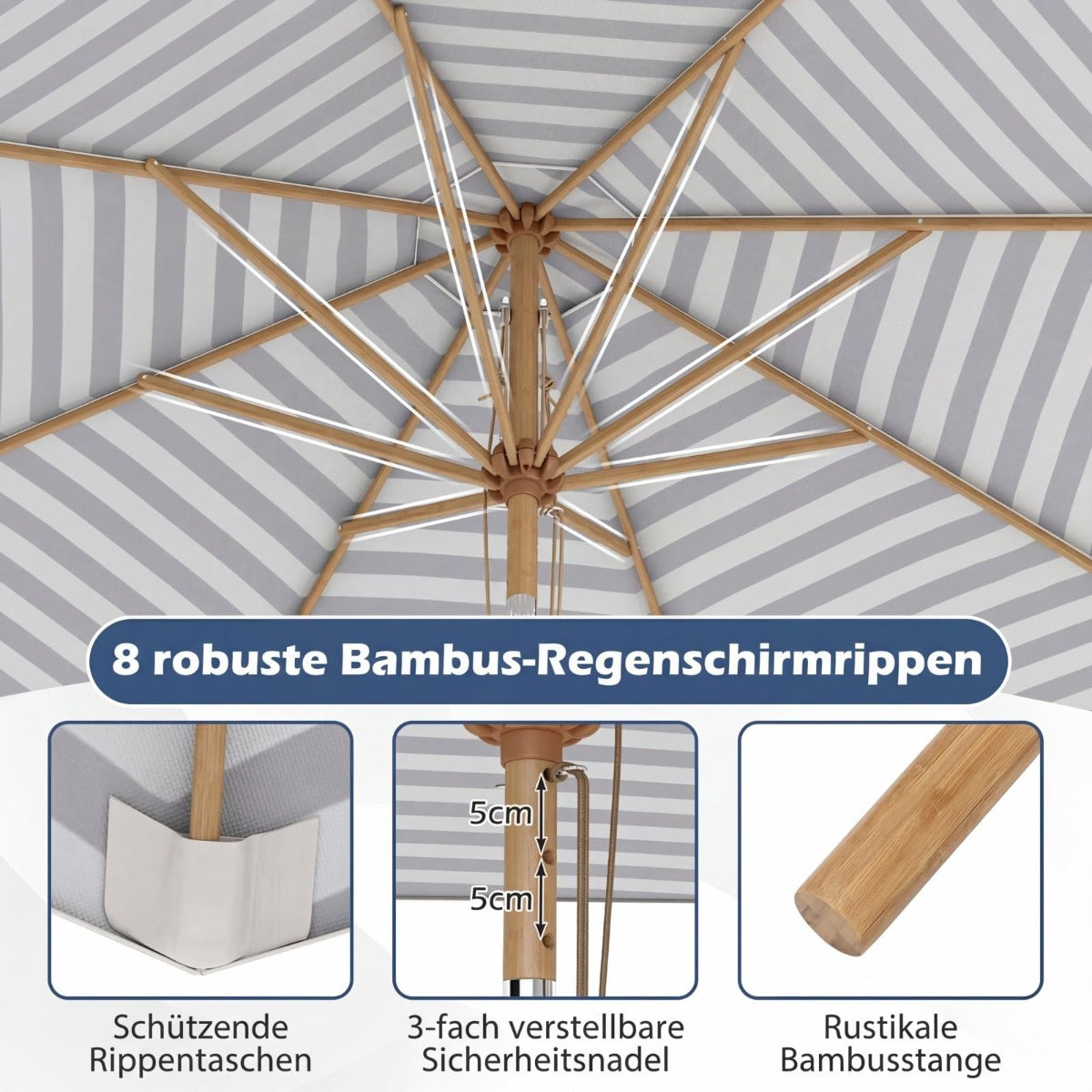 Parasol en bois Coast 270 cm - rayures bleues et blanches
