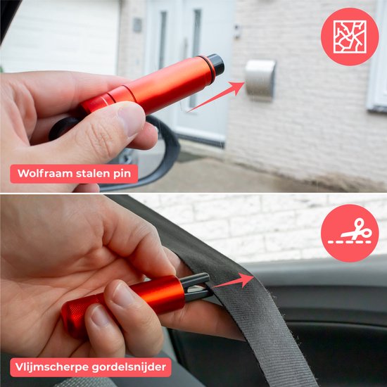 Nuvance - Marteau de sécurité - Marteau d'urgence - avec porte-adhésif et verre de test - Marteau de sauvetage - Coupe-ceinture - Marteau de voiture - Sécurité sur la route - Rouge