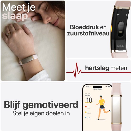 Tracker d'activité - Étanche IP68 - Mesure de la fréquence cardiaque, de la SpO₂ et du sommeil - Podomètre - Aluminium anodisé - Application BREND - Rose - BREND BR-2249