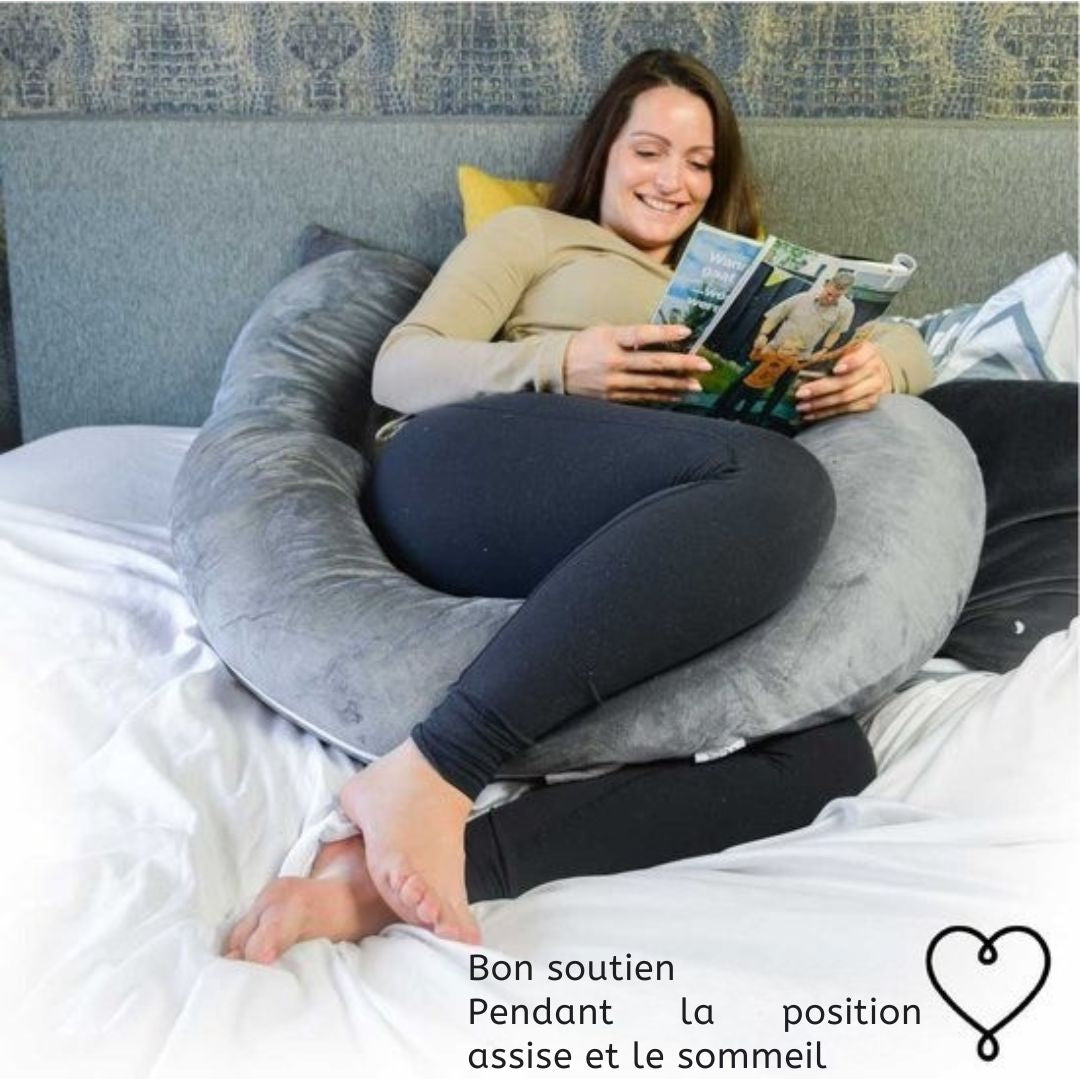 Oreiller de grossesse en forme de J - Ella® - Soutien optimal - confort pour le corps et l’allaitement - housse amovible en polaire Minky -155 cm - Gris