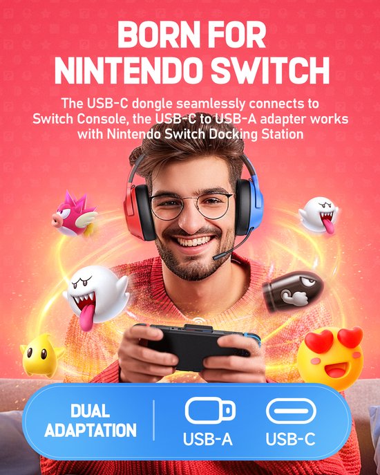 Kofire × CINPUSEN CG-01 - Casque de jeu sans fil - Casque circum-auriculaire - Avec microphone - PC/PS4/PS5/Nintendo Switch - Bleu et rouge