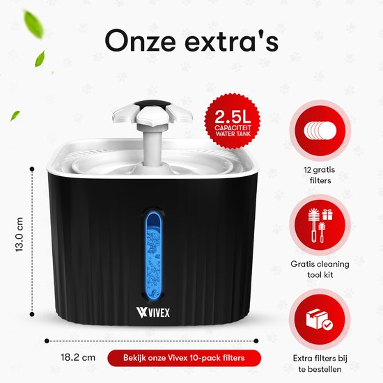 Fontaine à eau Vivex® - Fontaine à eau pour chats et chiens - 12 filtres et outils de nettoyage inclus - Très silencieuse - Filtres supplémentaires