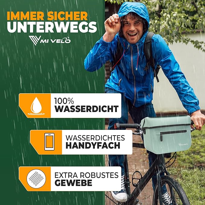 MIVELO - Sacoche de guidon compatible Klickfix - 100% étanche et pochette téléphone amovible - Polyester - Mint