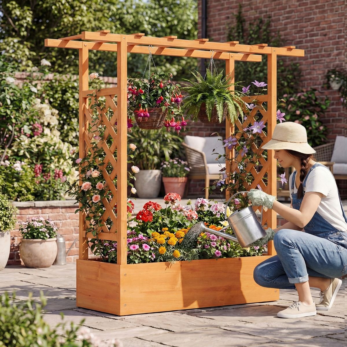 Jardinière surélevée en bois Coast - Treillis et toit suspendu - Trous de drainage - Naturel/Orange - 110 x 35 x 114 cm