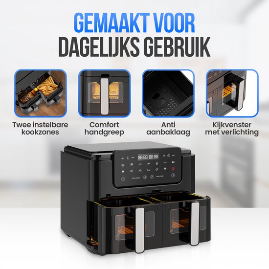 Strex Airfryer XXL - 10L - 2500W - Friteuse à air chaud - Double Airfryer - 50ºC à 200ºC - 10 programmes de cuisson - Noir