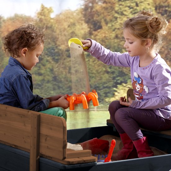 AXI Ella XL Bac à sable en bois anthracite/marron- Avec bancs et couvercle - Bois certifié FSC - 120x120x20cm - Bac à sable pour enfants