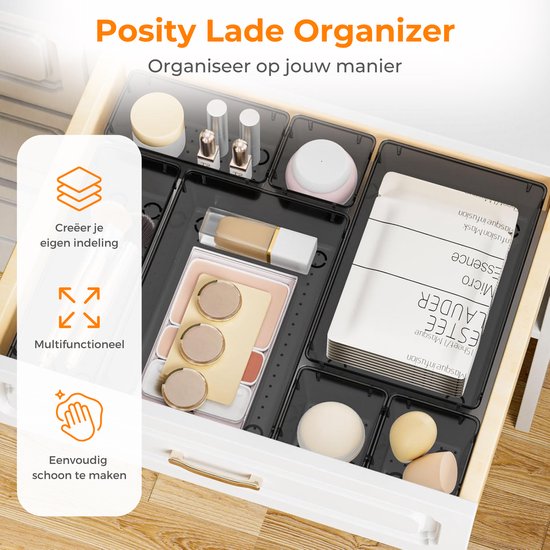 Posity Organisateur de tiroirs - 12 pièces - Plateaux d'organisation - Plateaux de tiroirs - Plateaux de stockage - Organisateur de maquillage - Pour la cuisine, la salle de bain et le bureau - Plastique - Transparent