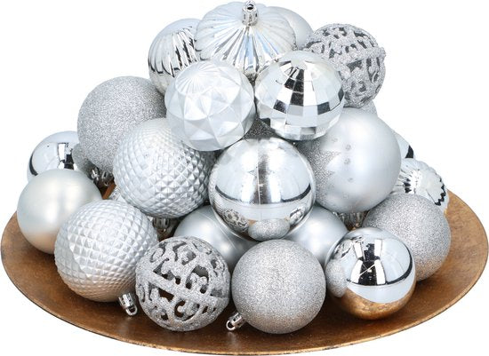 Giftsome Set de boules de Noël argentées - 60 boules de Noël en plastique - avec pic argenté - Décoration de Noël - Ø6/7 cm