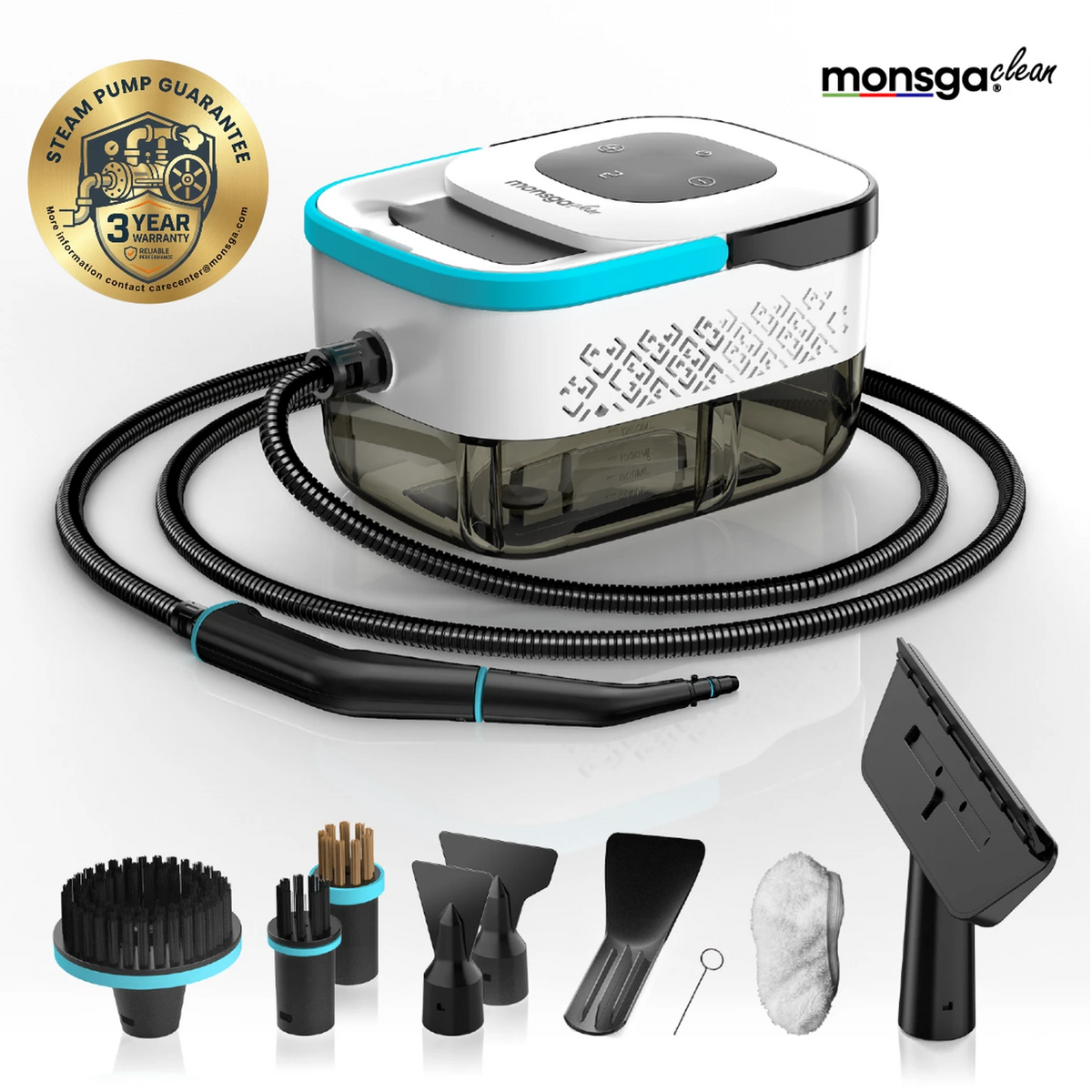 Nettoyeur vapeur Monsga 1 500 W – 3,5 bars – 1,6 L – temps de chauffe de 15 secondes – blanc