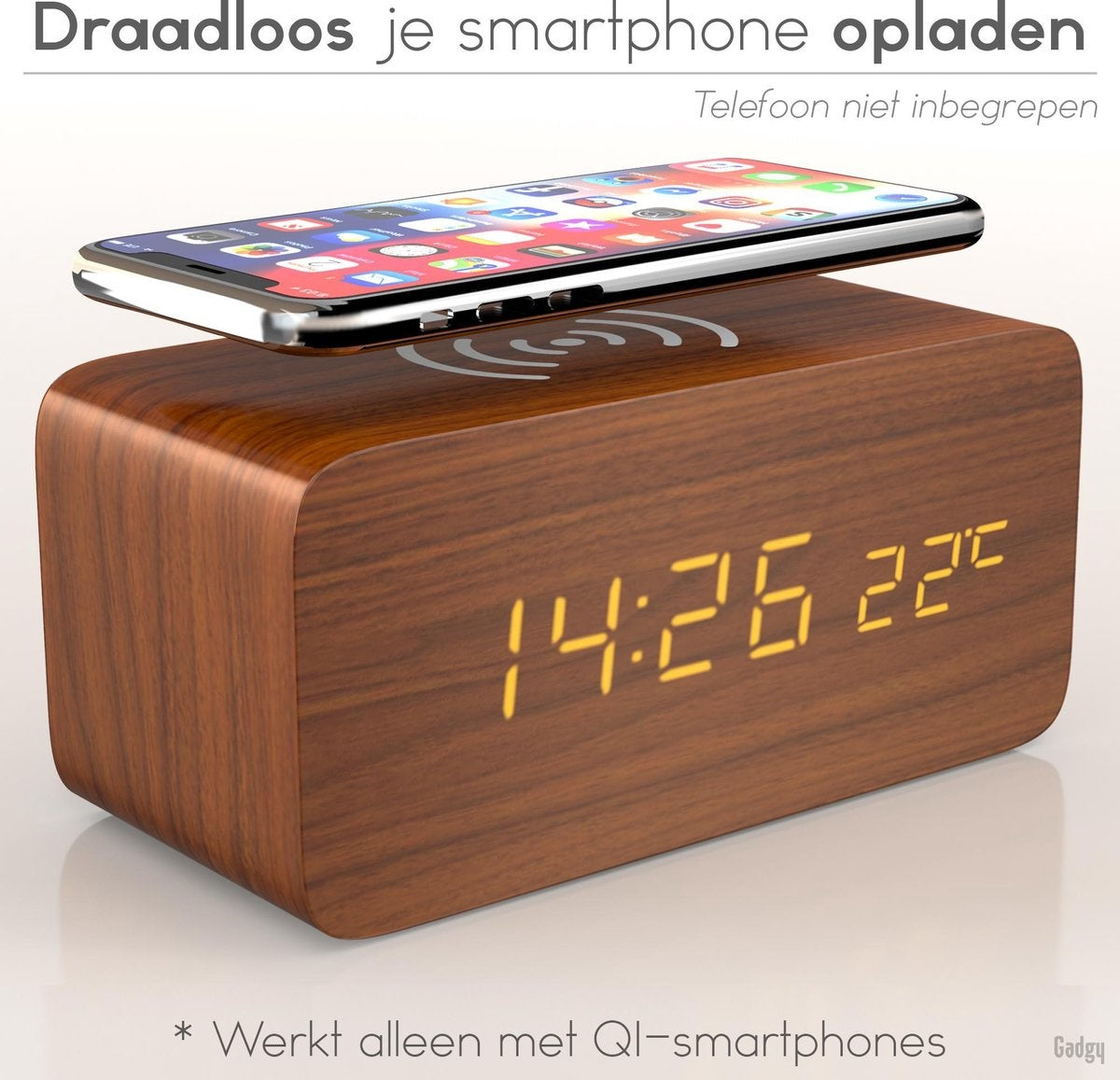 Gadgy Digitale Wekker met Draadloze Oplader - Houten Wekker met Eco Stand - Alarmklok met Temperatuur Datum en Tijd - Cadeau voor Vrouw en Man