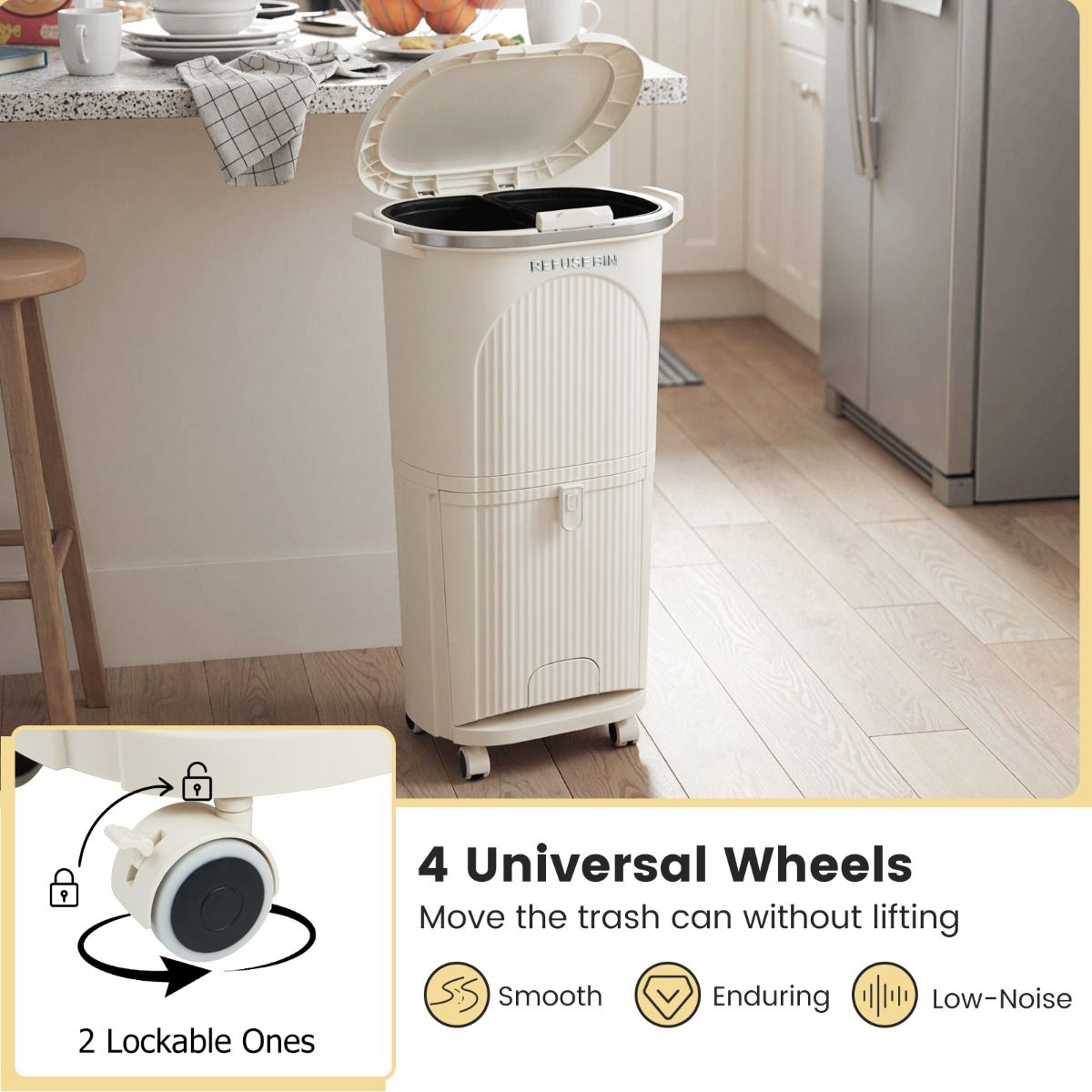Poubelle de tri sélectif Coast sur roulettes - 3 compartiments - Pédale et bouton-poussoir - Beige - 38 litres