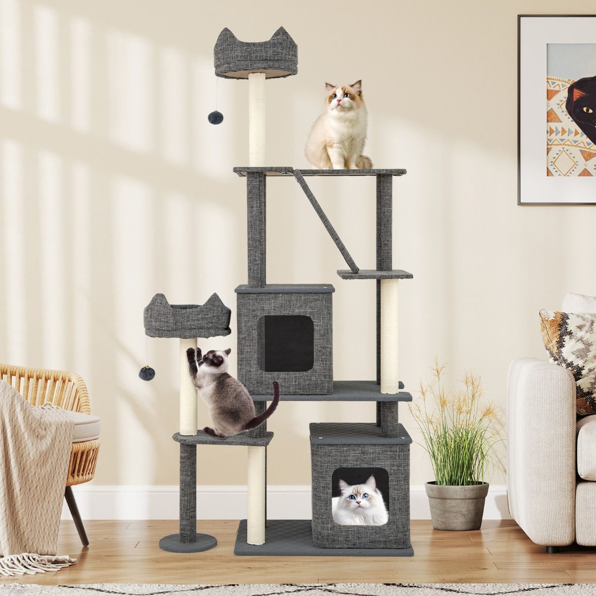 Arbre à chat Coast - 2 maisonnettes - plateformes de jeu et panier - gris - 180 cm