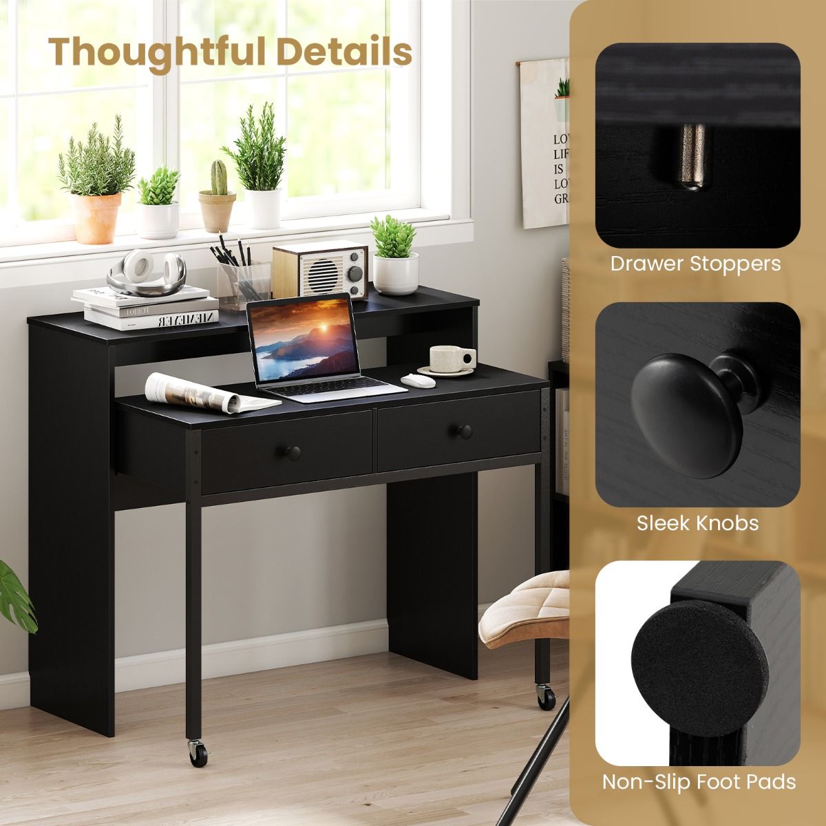 Bureau extensible Coast - avec 2 tiroirs - roulettes verrouillables - noir - 100 x 63 x 88 cm