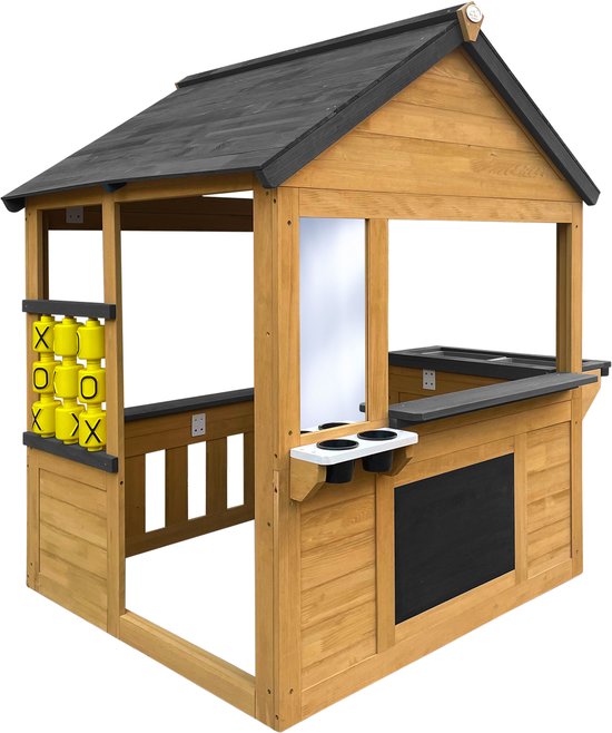 Maisonnette AXI Lynn en marron / anthracite – Maisonnette en bois avec cuisine jouet, jeu « Beurre, fromage et œufs » et accessoires – Bois certifié FSC – Maisonnette de jardin pour enfants – Garantie 10 ans !