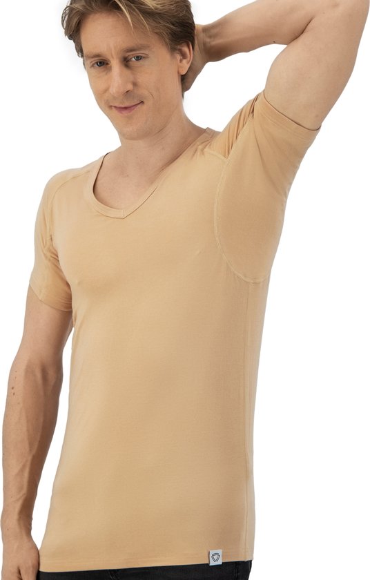 tshirt anti transpiration - Fibershirts® - Coussinets d'aisselles cousus - Maillot de corps - beige - Col en V - Hommes - Taille L