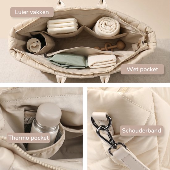 Sac à langer Mommsy – Sac à langer – Mom Bag – Compartiment isotherme – Tissu matelassé – Mommy Bag – Très spacieux – Hydrofuge – Organiseur – Léger – Beige
