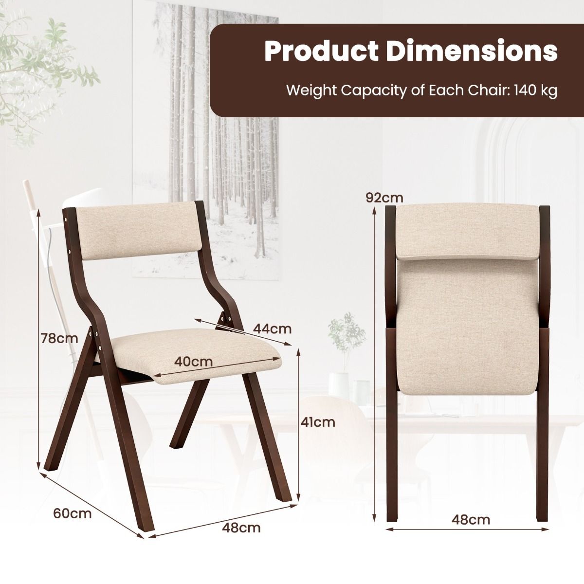 Lot de 2 chaises de salle à manger Coast - Pliantes - Structure en bois massif - Café et beige