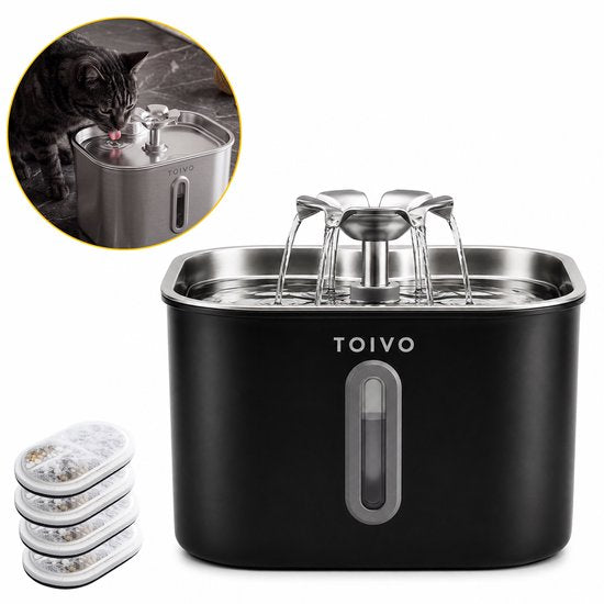 Toivo Fontaine à eau pour chat - 2,2 L - Acier inoxydable - Fontaine à eau avec fenêtre, 4 filtres inclus - Distributeur d'eau - Silencieuse - Fontaine pour chat - Abreuvoir - Bol à eau - Noir