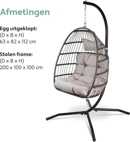 Chaise suspendue Vita5 Egg - avec support - intérieur et extérieur - chaise cocon - pliable - jusqu'à 150 kg - coussin et housse inclus - gris clair