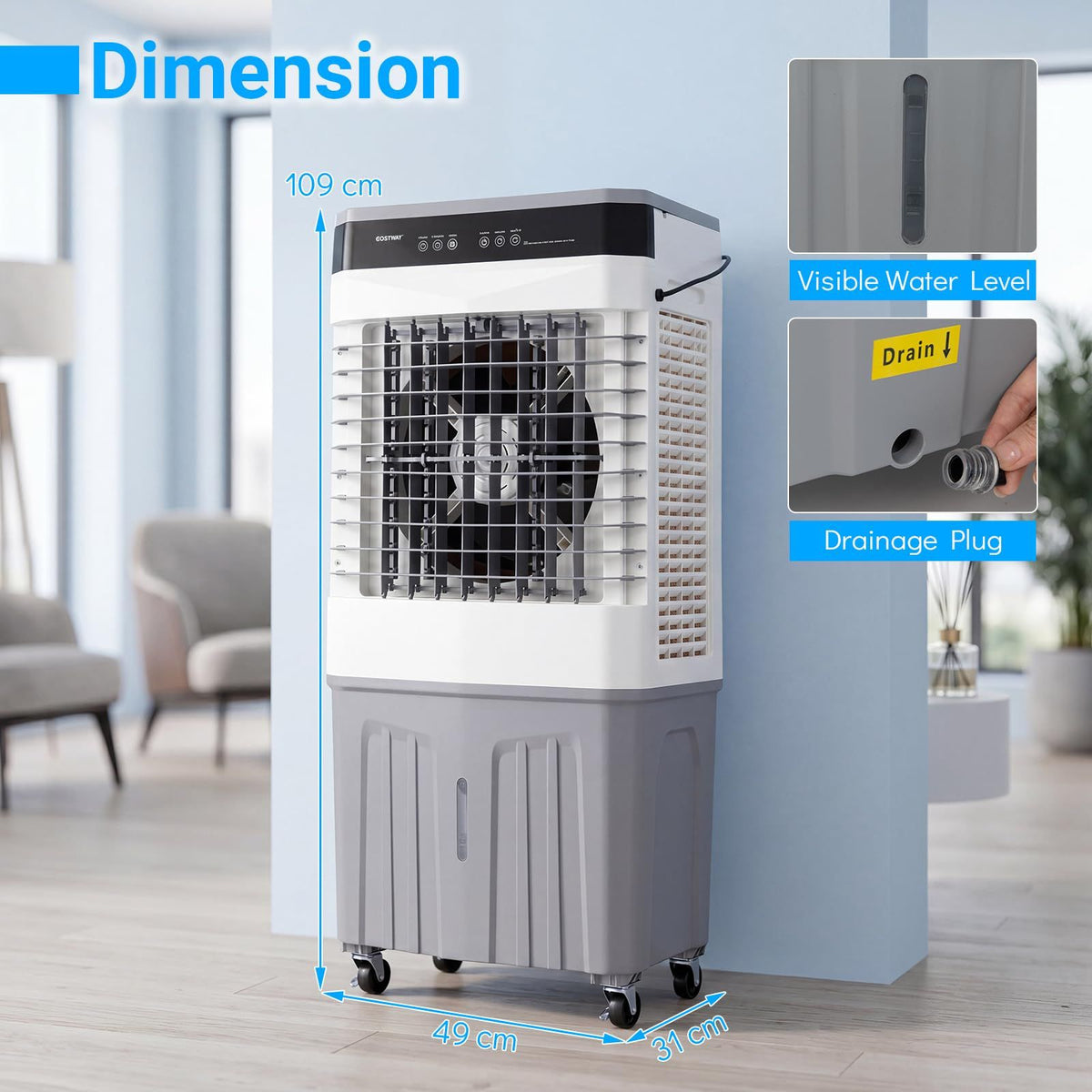 Ventilateur portable et refroidisseur d'air Coast avec télécommande - Réservoir d'eau de 27 L - 3 vitesses - 49 x 31 x 109 cm - Blanc/Gris