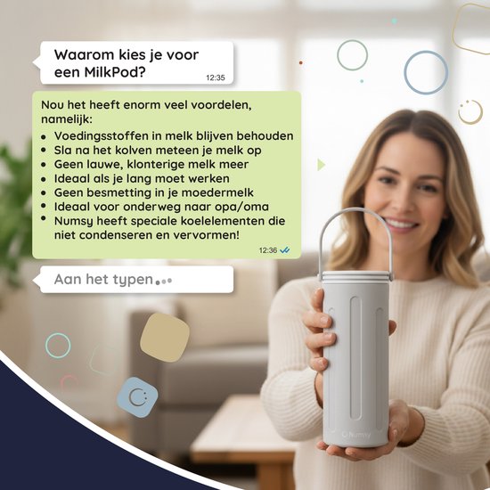 Refroidisseur de lait Numsy pour les déplacements - Refroidisseur de lait maternel portable - Refroidissement pendant 24 heures - Acier inoxydable 750 ml - Sans condensation - Avec 2 biberons de 350 ml sans BPA - Étanche