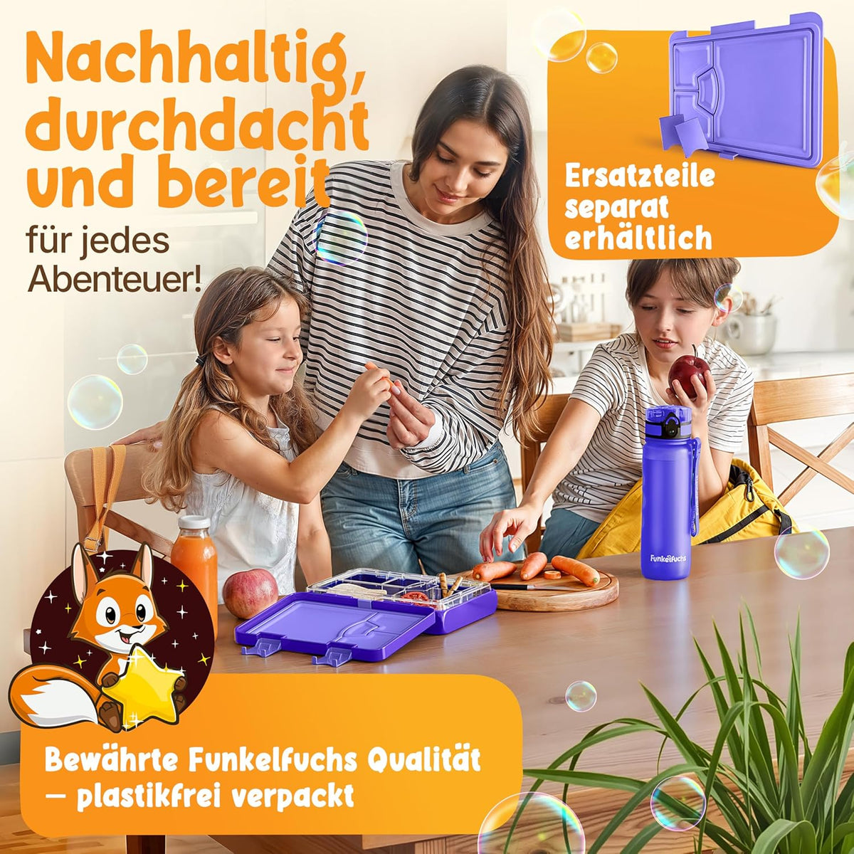 Funkelfuchs® - Lunchbox kids avec compartiment - 800ml, violet - Lunchbox moonlight, large - Boîte à snacks, boîte à snacks, boîte à lunch, boîte à repas, boîte à bento kids - pour l'école, la garderie et le jardin d'enfants